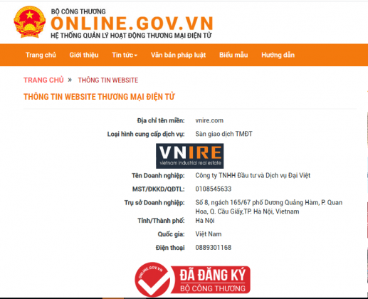 Đăng ký thành công sàn thương mại điện tử bất động sản VNIRE.COM