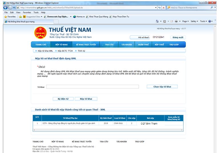 Hệ thống gửi thông báo khi bạn thực hiện nộp tờ khai thành công
