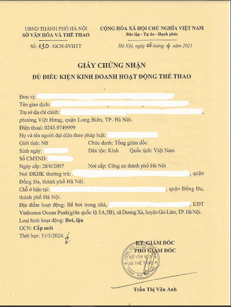 giấy phép kinh doanh hoạt động bể bơi